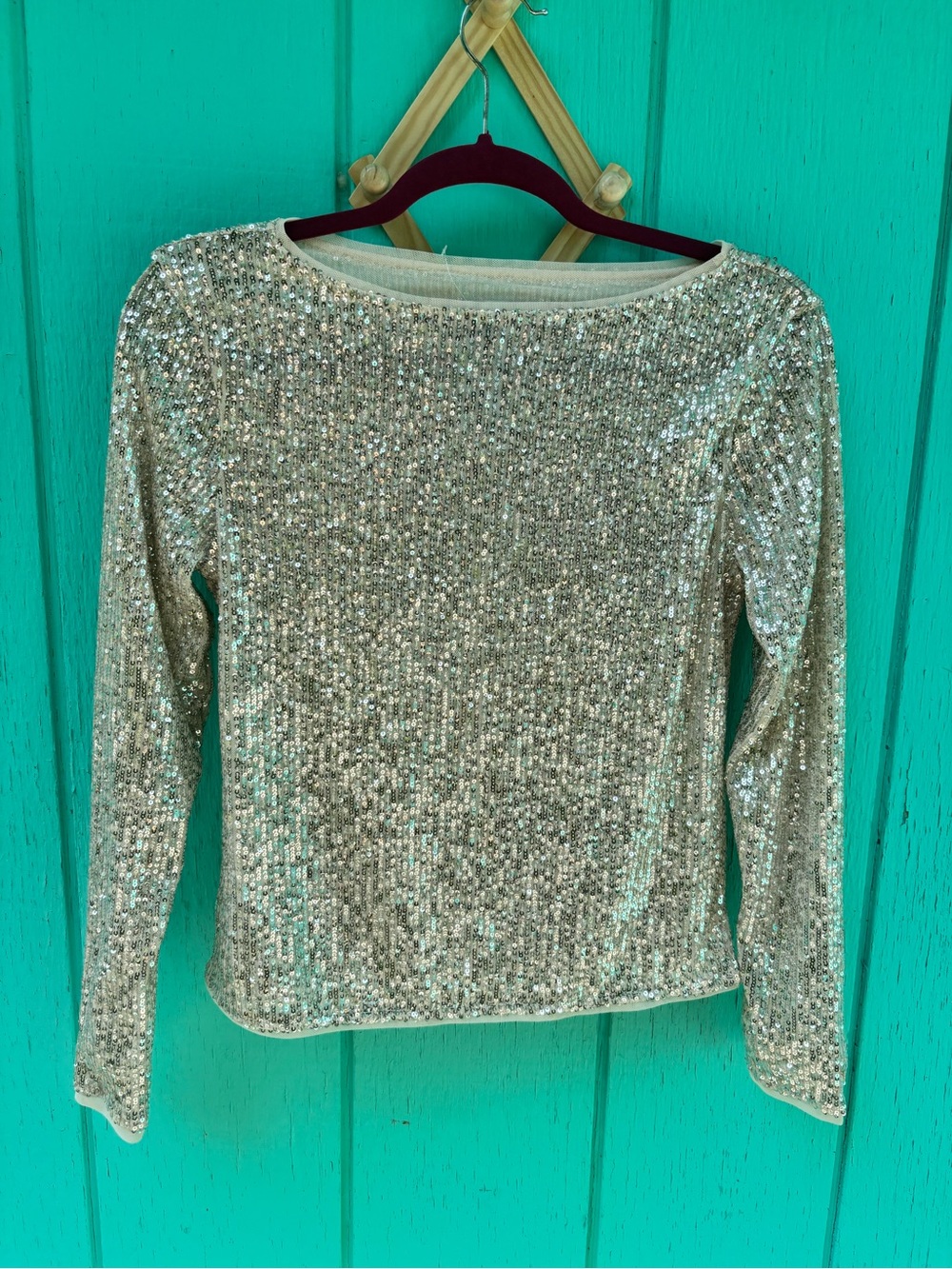 NWT Loft Sequin Long Sleeve Tee in Silver Shimmer Women's Size MP